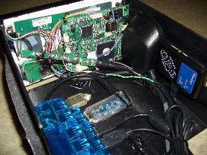 doubledinscreenbuild30.jpg - At last I could fit every thing in. Here you can see ( in no particular order ), two hubs, Silabs FM Radio, the RF remote receiver, my USB GPS with external connection. The pads on the side where packing which came with the Connects2 kit how ever I used them to hold the screen in as there was no real way to fit the WRX kit to the dash